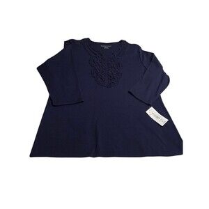 NWT ALLISON DALEY BLOUSE TUNIC CROCHET V-NECK XL NAVY 3/4 SLEEVES I4.1